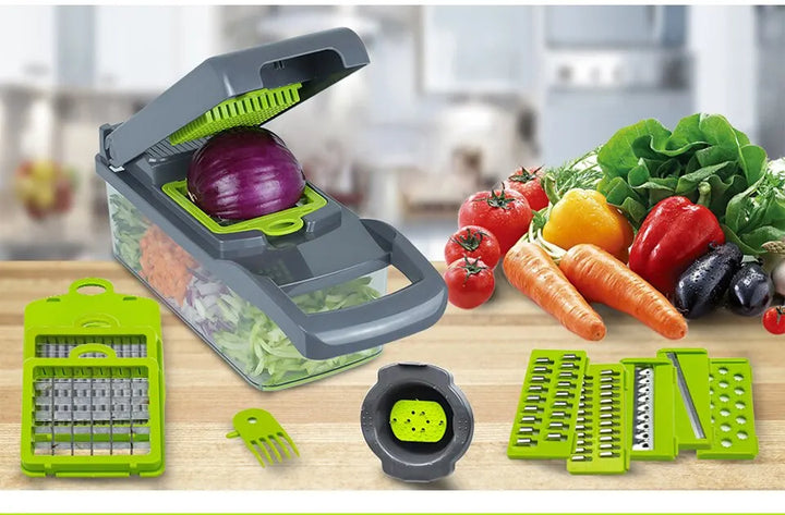 Picadora y rebanadora de verduras 16 en 1 para artículos esenciales de cocina.
