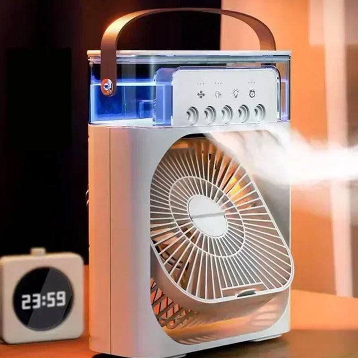 Enfriador de aire portátil 3 en 1, humidificador y luz nocturna LED.