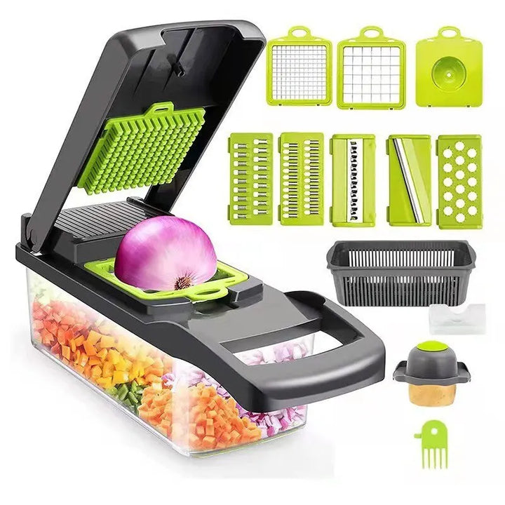 Picadora y rebanadora de verduras 16 en 1 para artículos esenciales de cocina.