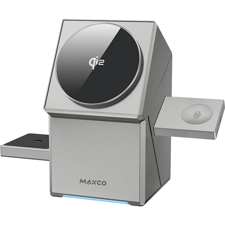 Cargador inalámbrico Qi2 3 en 1 con base giratoria automática.