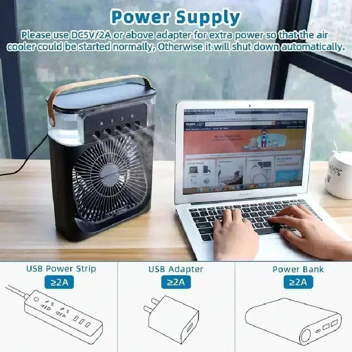 Enfriador de aire portátil 3 en 1, humidificador y luz nocturna LED.