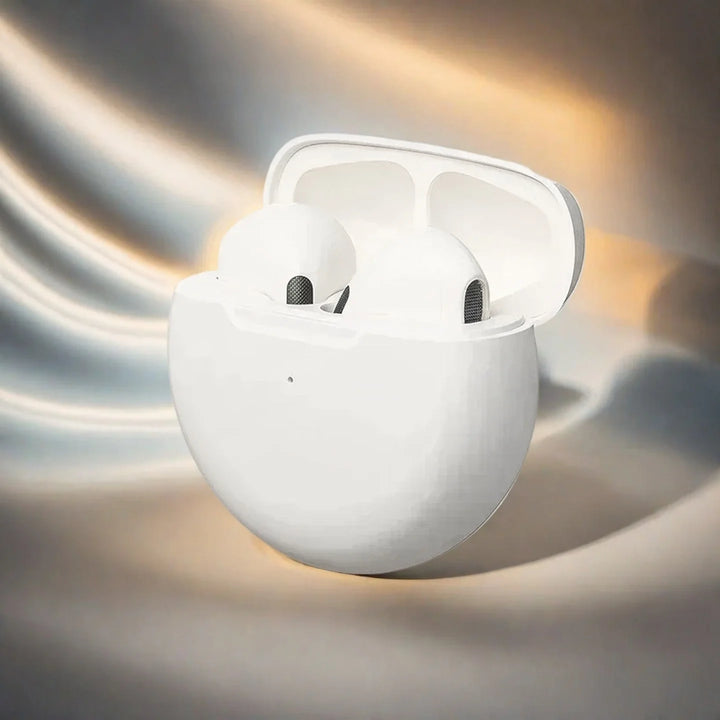 Auriculares Bluetooth Pro 6 TWS: sonido estéreo y estuche de carga.