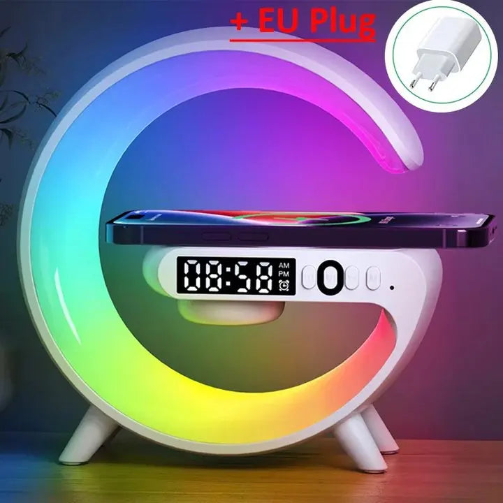 Cargador inalámbrico RGB con reloj despertador y altavoz