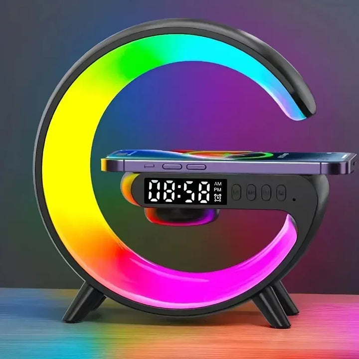 Cargador inalámbrico RGB con reloj despertador y altavoz