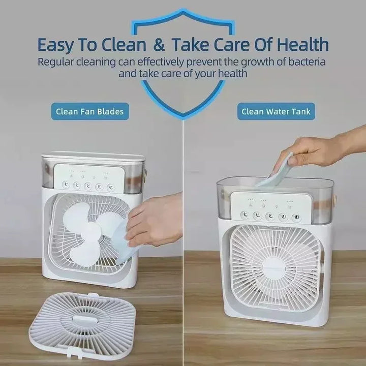 Enfriador de aire portátil 3 en 1, humidificador y luz nocturna LED.