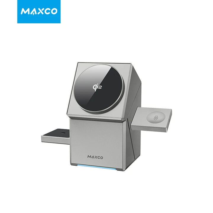 Cargador inalámbrico Qi2 3 en 1 con base giratoria automática.