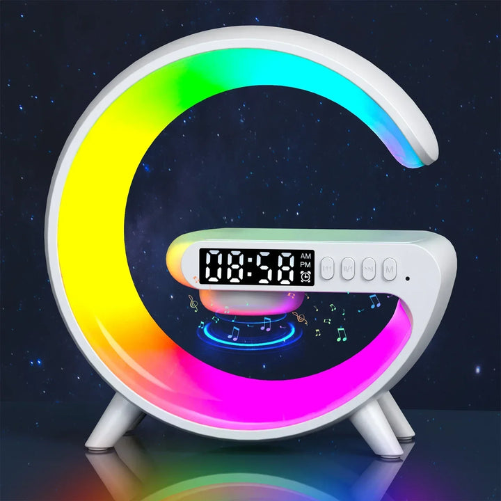 Cargador inalámbrico RGB con reloj despertador y altavoz