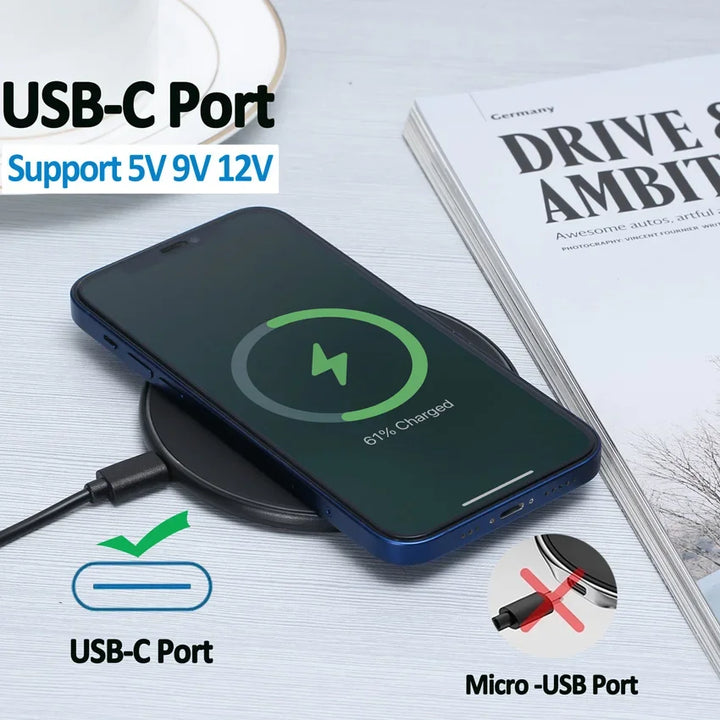 Base de carga inalámbrica rápida para dispositivos iPhone y Samsung.
