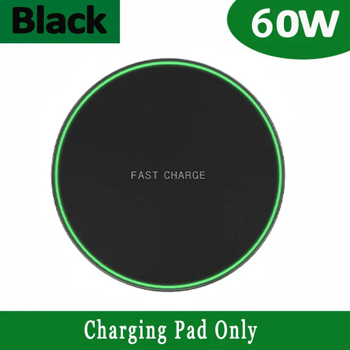 Base de carga inalámbrica rápida para dispositivos iPhone y Samsung.