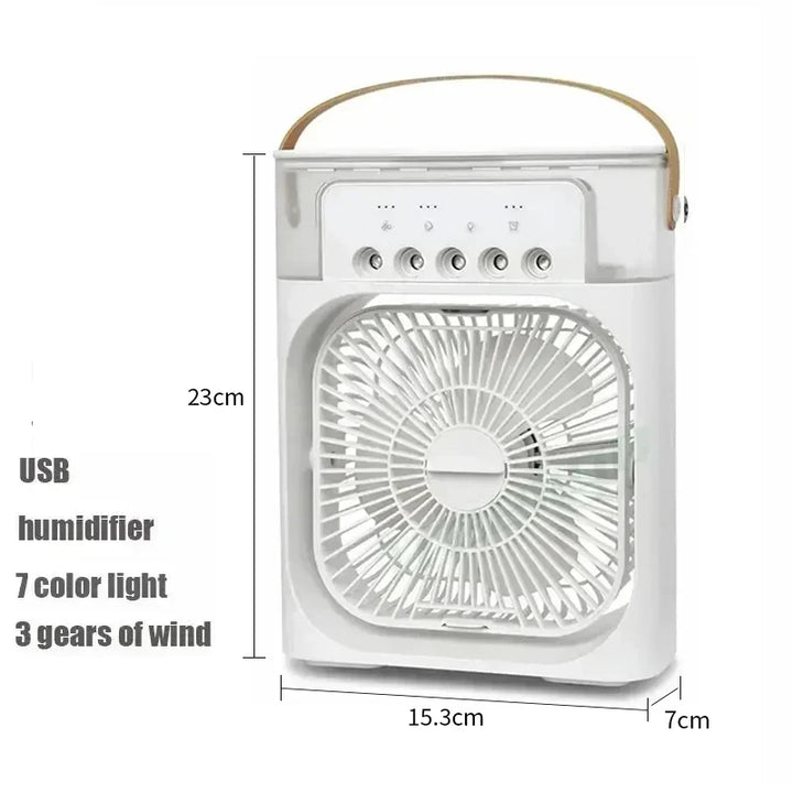 Enfriador de aire portátil 3 en 1, humidificador y luz nocturna LED.