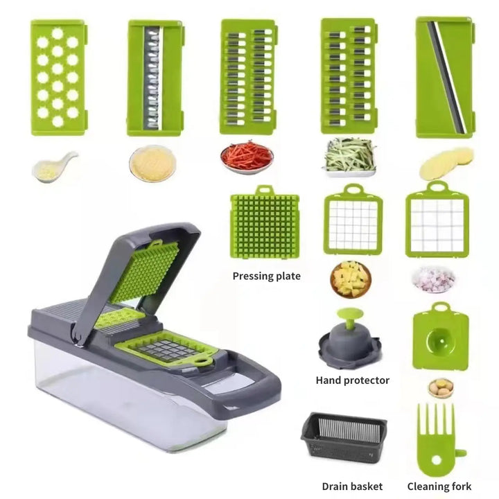 Picadora y rebanadora de verduras 16 en 1 para artículos esenciales de cocina.