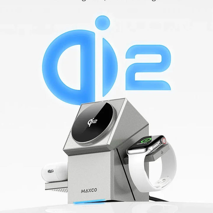 Cargador inalámbrico Qi2 3 en 1 con base giratoria automática.