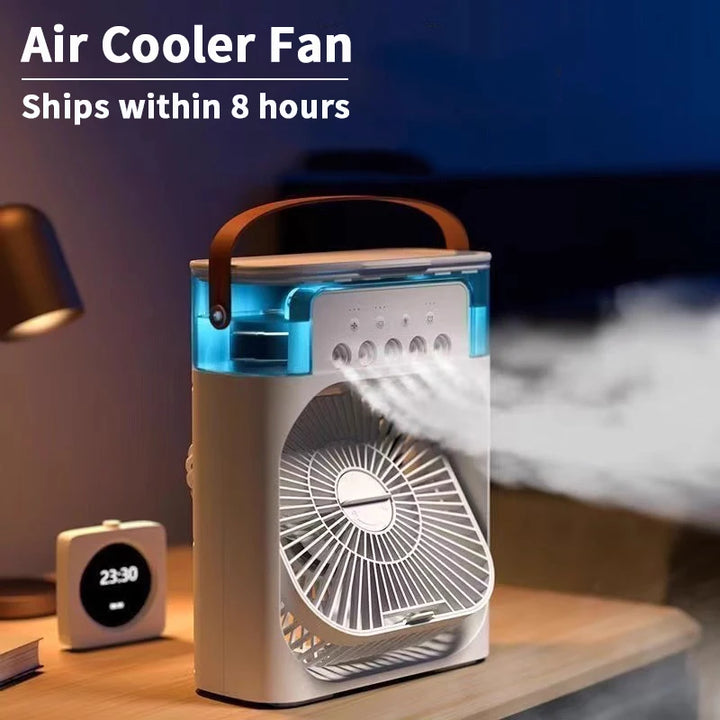 Enfriador de aire portátil 3 en 1, humidificador y luz nocturna LED.