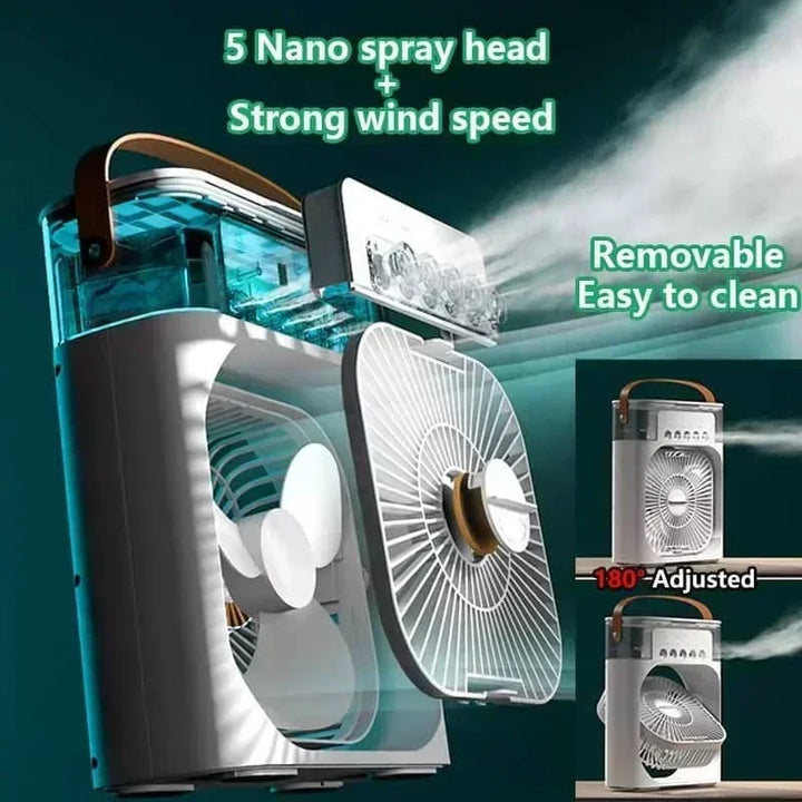 Enfriador de aire portátil 3 en 1, humidificador y luz nocturna LED.