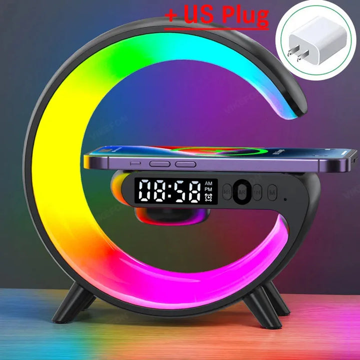 Cargador inalámbrico RGB con reloj despertador y altavoz