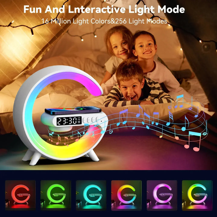 Cargador inalámbrico RGB con reloj despertador y altavoz
