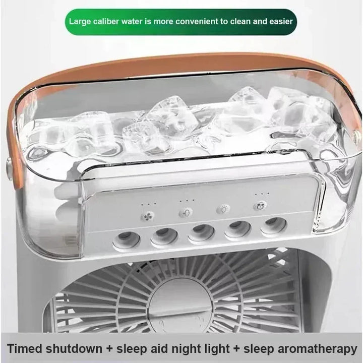 Enfriador de aire portátil 3 en 1, humidificador y luz nocturna LED.
