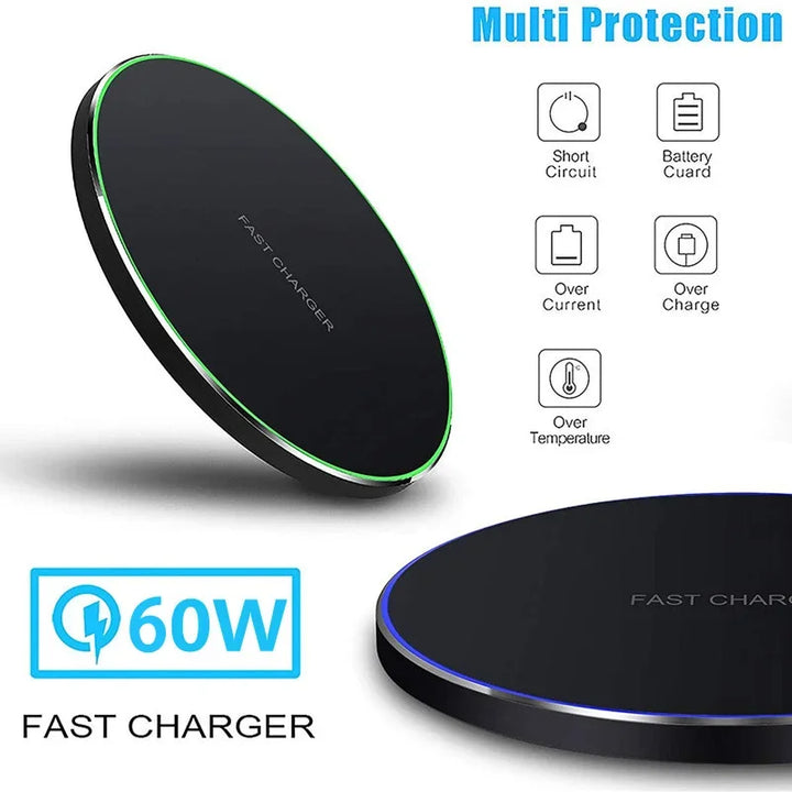 Base de carga inalámbrica rápida para dispositivos iPhone y Samsung.