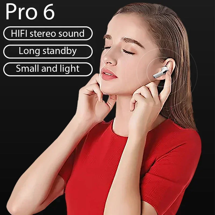 Auriculares Bluetooth Pro 6 TWS: sonido estéreo y estuche de carga.