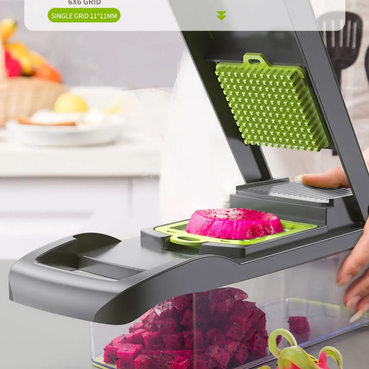 Picadora y rebanadora de verduras 16 en 1 para artículos esenciales de cocina.