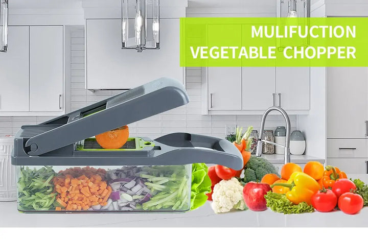Picadora y rebanadora de verduras 16 en 1 para artículos esenciales de cocina.