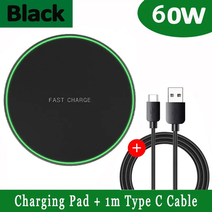 Base de carga inalámbrica rápida para dispositivos iPhone y Samsung.