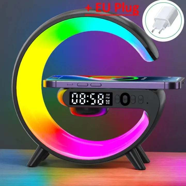 Cargador inalámbrico RGB con reloj despertador y altavoz