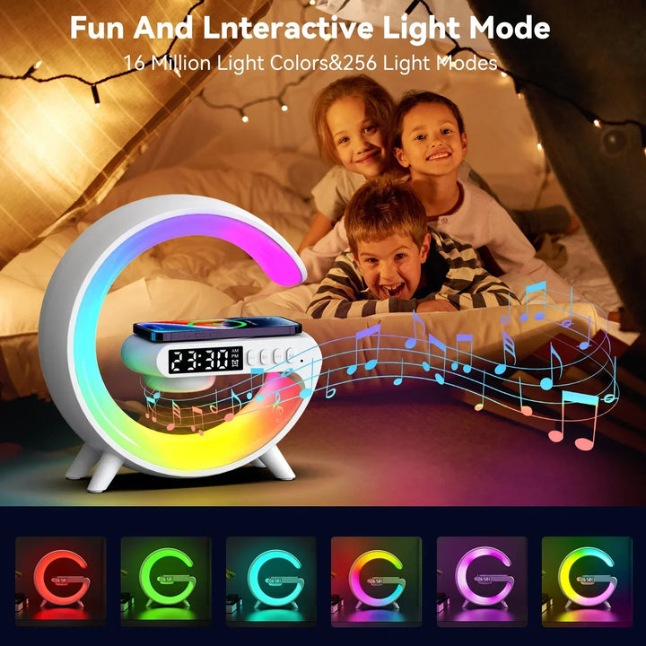 Cargador inalámbrico RGB con reloj despertador y altavoz