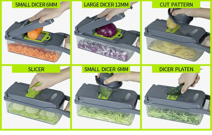 Picadora y rebanadora de verduras 16 en 1 para artículos esenciales de cocina.