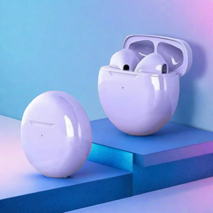 Auriculares Bluetooth Pro 6 TWS: sonido estéreo y estuche de carga.