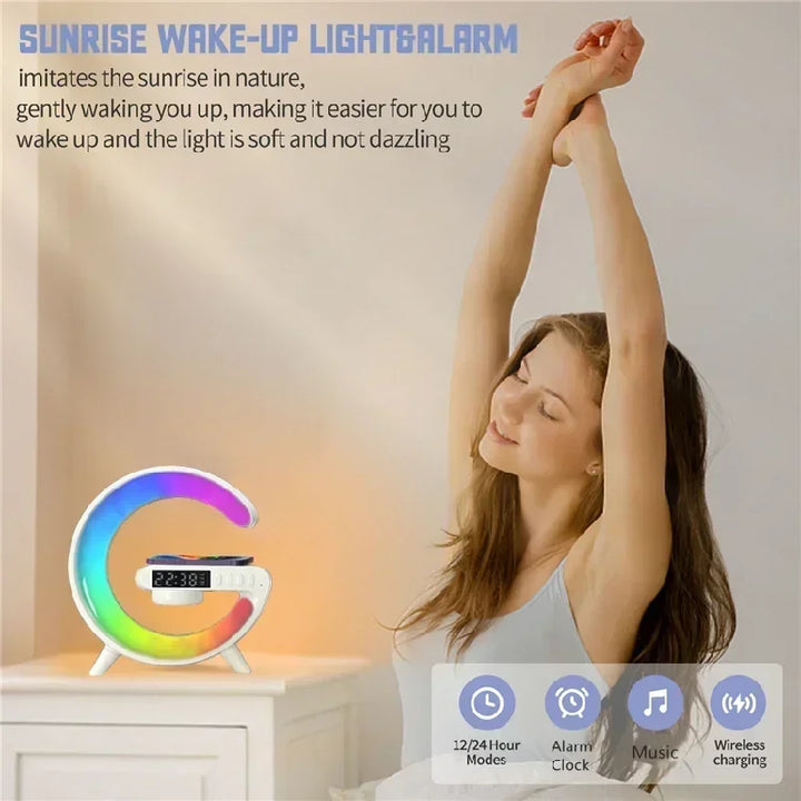 Cargador inalámbrico RGB con reloj despertador y altavoz