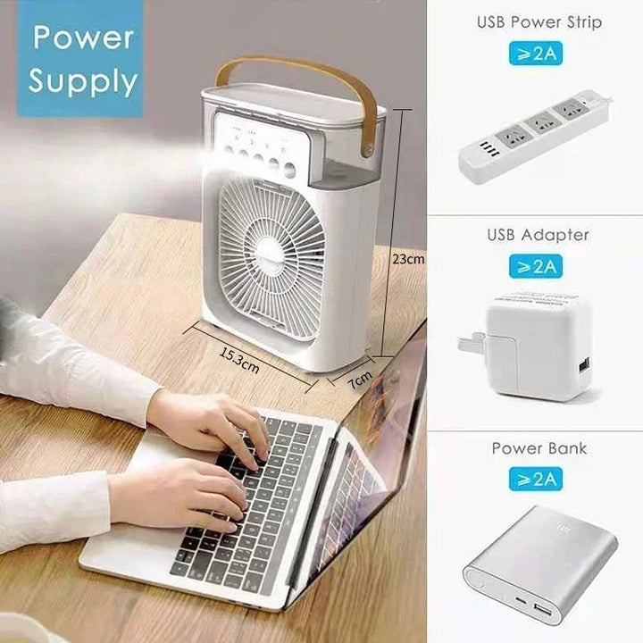 Enfriador de aire portátil 3 en 1, humidificador y luz nocturna LED.