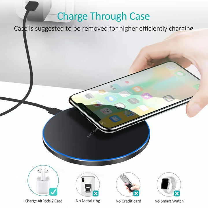 Base de carga inalámbrica rápida para dispositivos iPhone y Samsung.