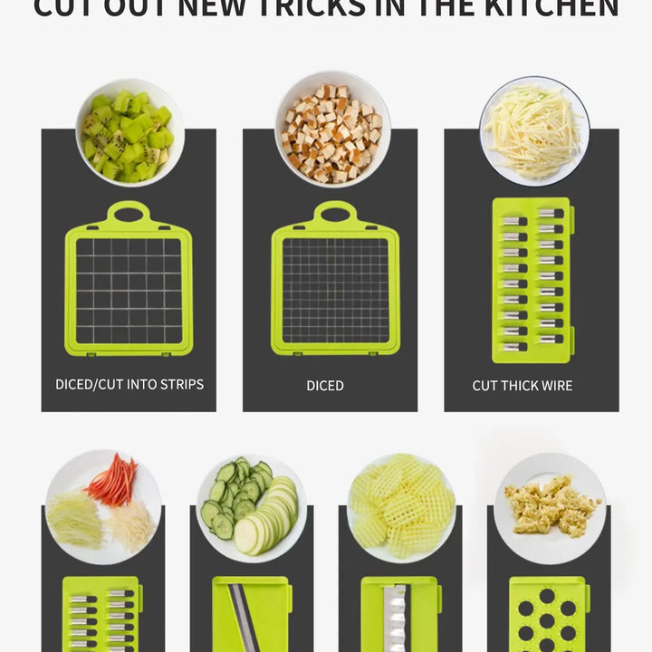 Picadora y rebanadora de verduras 16 en 1 para artículos esenciales de cocina.