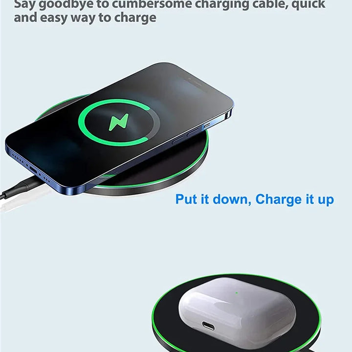 Base de carga inalámbrica rápida para dispositivos iPhone y Samsung.