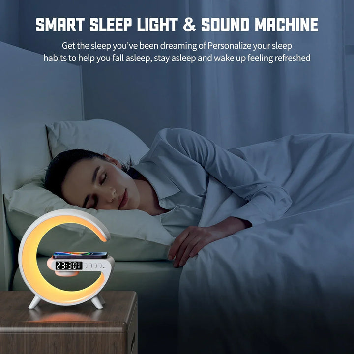 Cargador inalámbrico RGB con reloj despertador y altavoz
