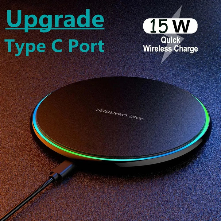 Base de carga inalámbrica rápida para dispositivos iPhone y Samsung.
