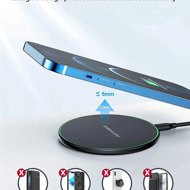 Base de carga inalámbrica rápida para dispositivos iPhone y Samsung.