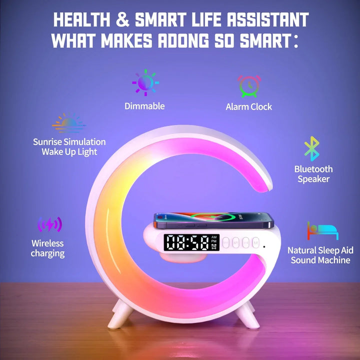 Cargador inalámbrico RGB con reloj despertador y altavoz