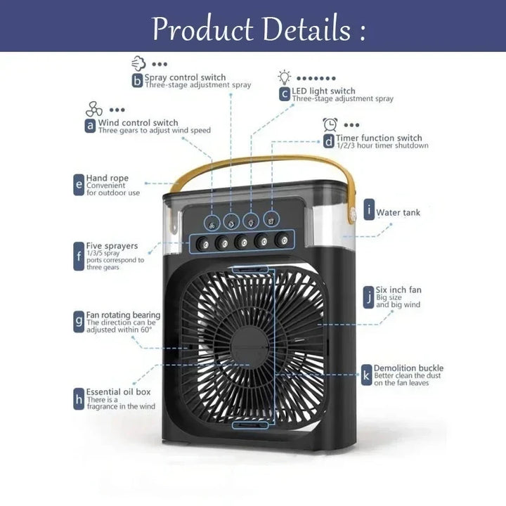 Enfriador de aire portátil 3 en 1, humidificador y luz nocturna LED.